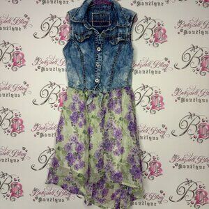 Guess dress high low denim look vest button up with floral skirt attached y2k